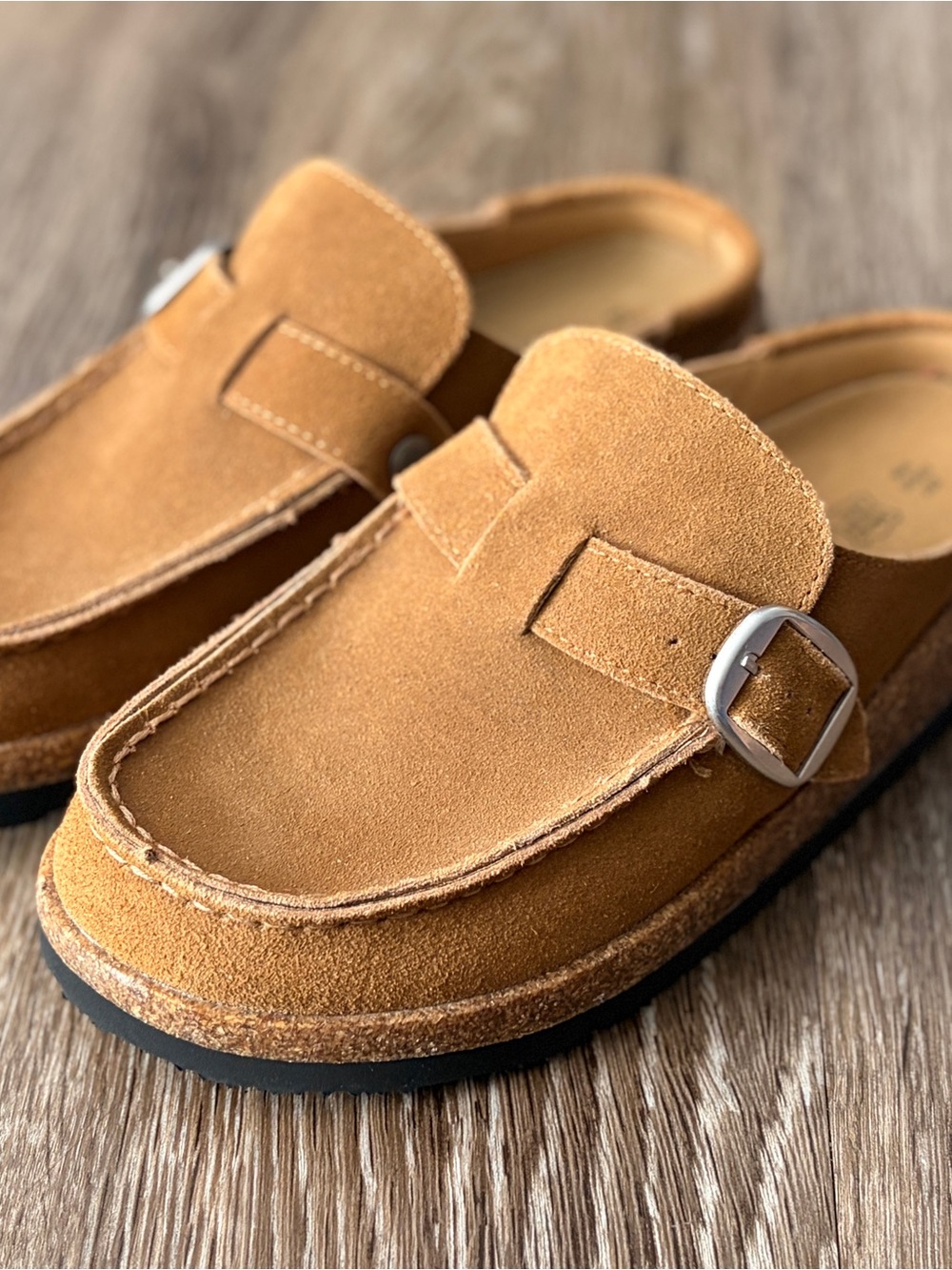 Women's Suede Mule Clogs in Cognac with Buckle